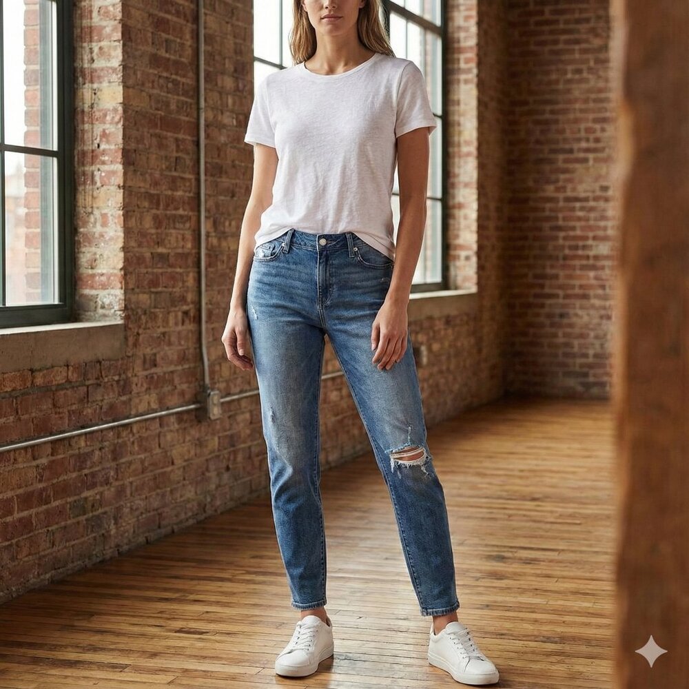 Forever 21 Women's Straight Leg Jeans High Rise Waist Distressed Blue denim 27